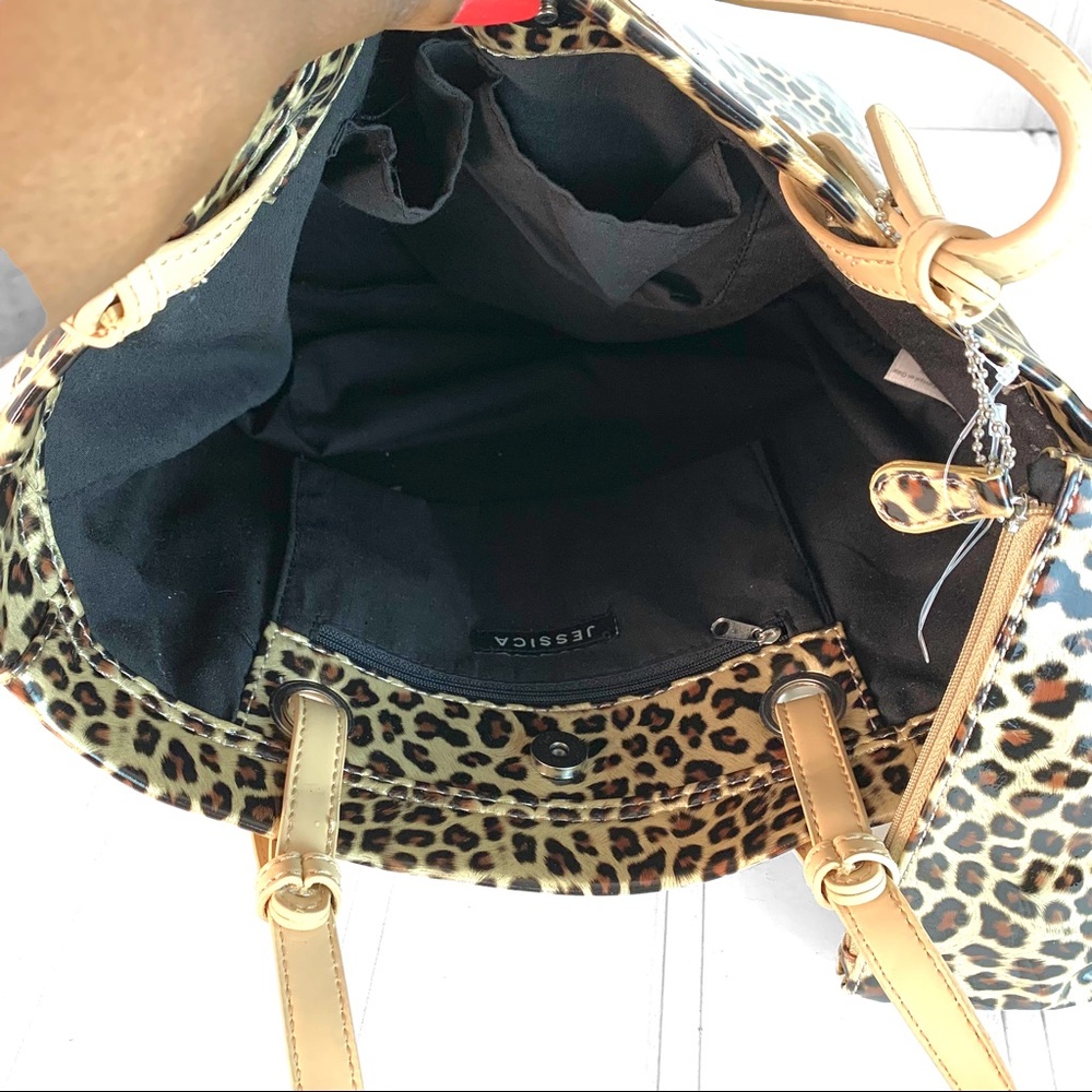 NWOT JESSICA ANIMAL PRINTS LARGE BROWN TOTE SHOULDER BAG TAN STRAP COSME… - Picture 7 of 8